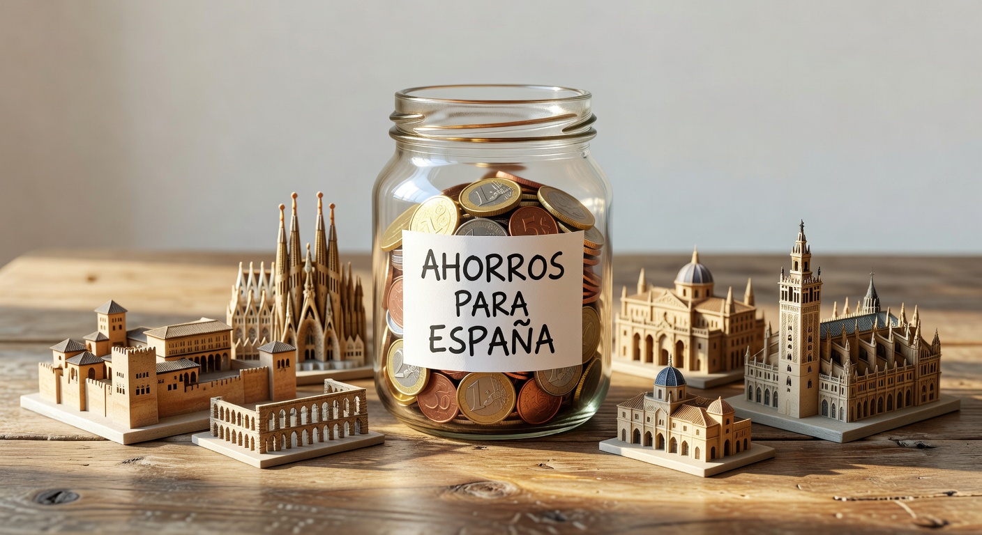 Tarro de ahorro con euros y monumentos españoles de fondo